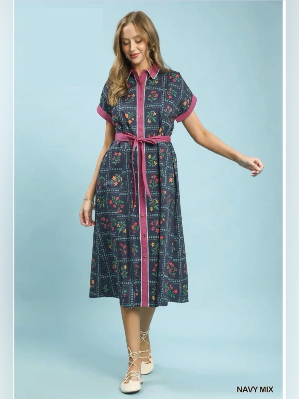 Umgee Floral Midi Dress Button Front Belted Navy Mix Boho Dress S M L🛍️